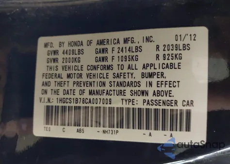 2012 Honda Accord 2.4 Ex из США, поврежденный, VIN 1HGCS1B78CA007009